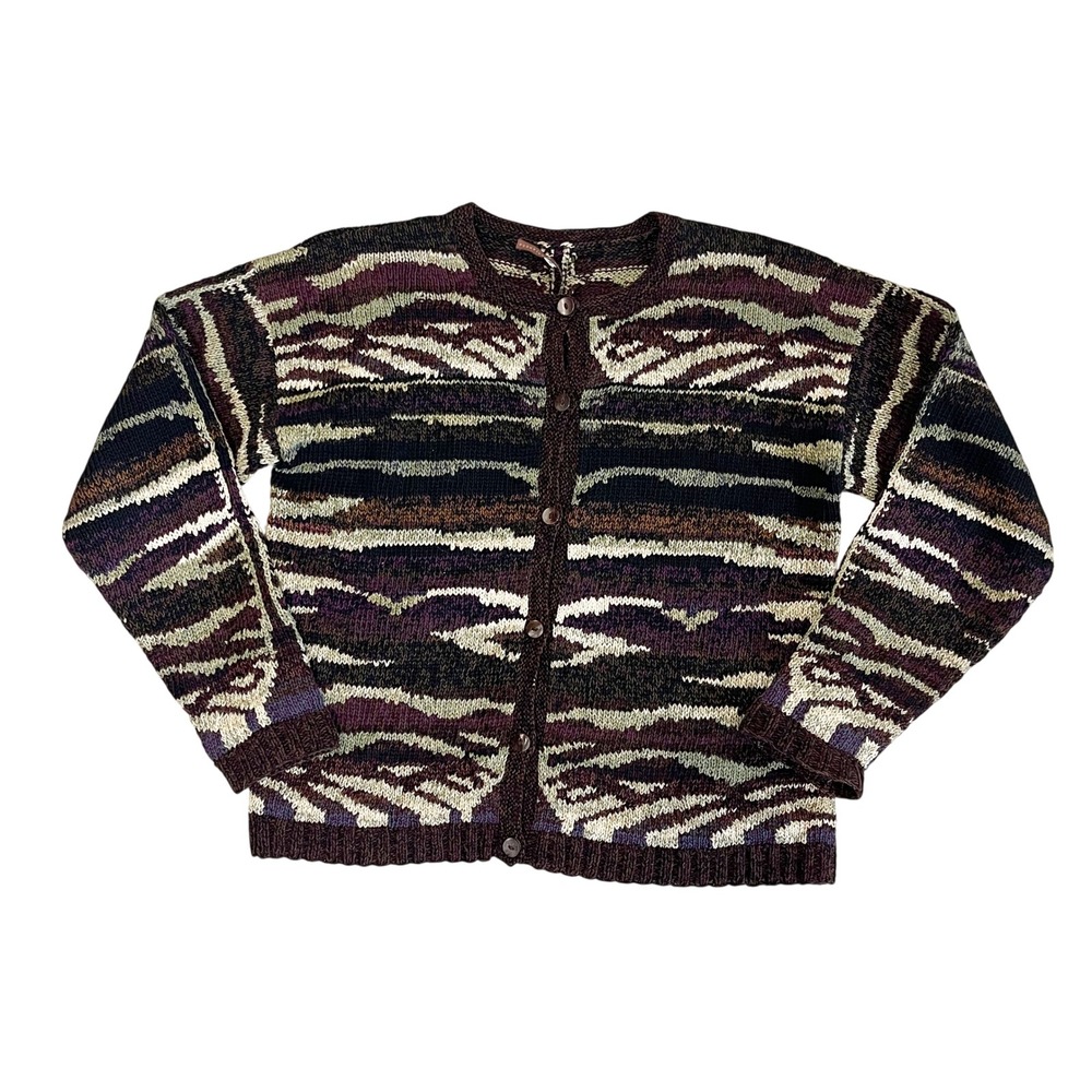 Peruvian‎ Connection Brown Pima Cotton Abstract Intarsia Cardigan Sweater Small